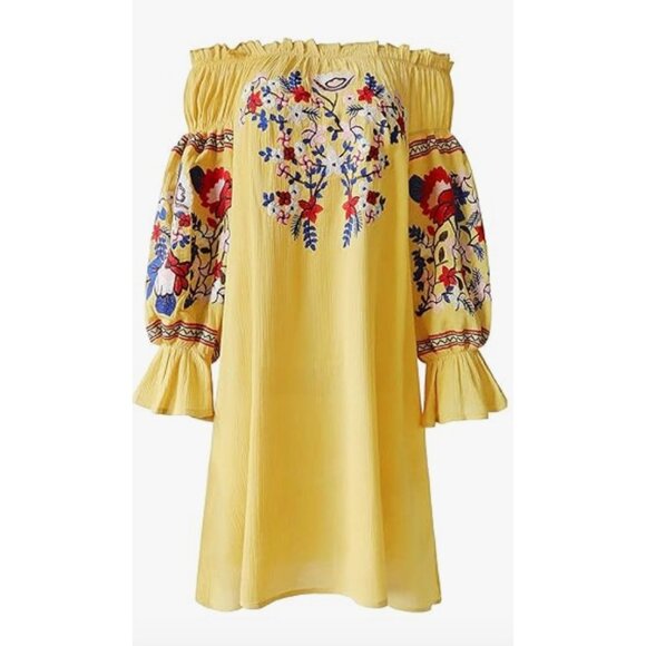 Yellow Floral Embroidered Off Shoulder Long Sleeve Mini A-Line Shift Dress‎ - Picture 6 of 6